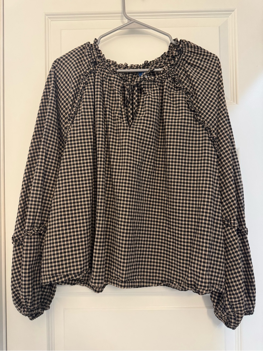 Gingham Peasant Blouse - Black and Cream